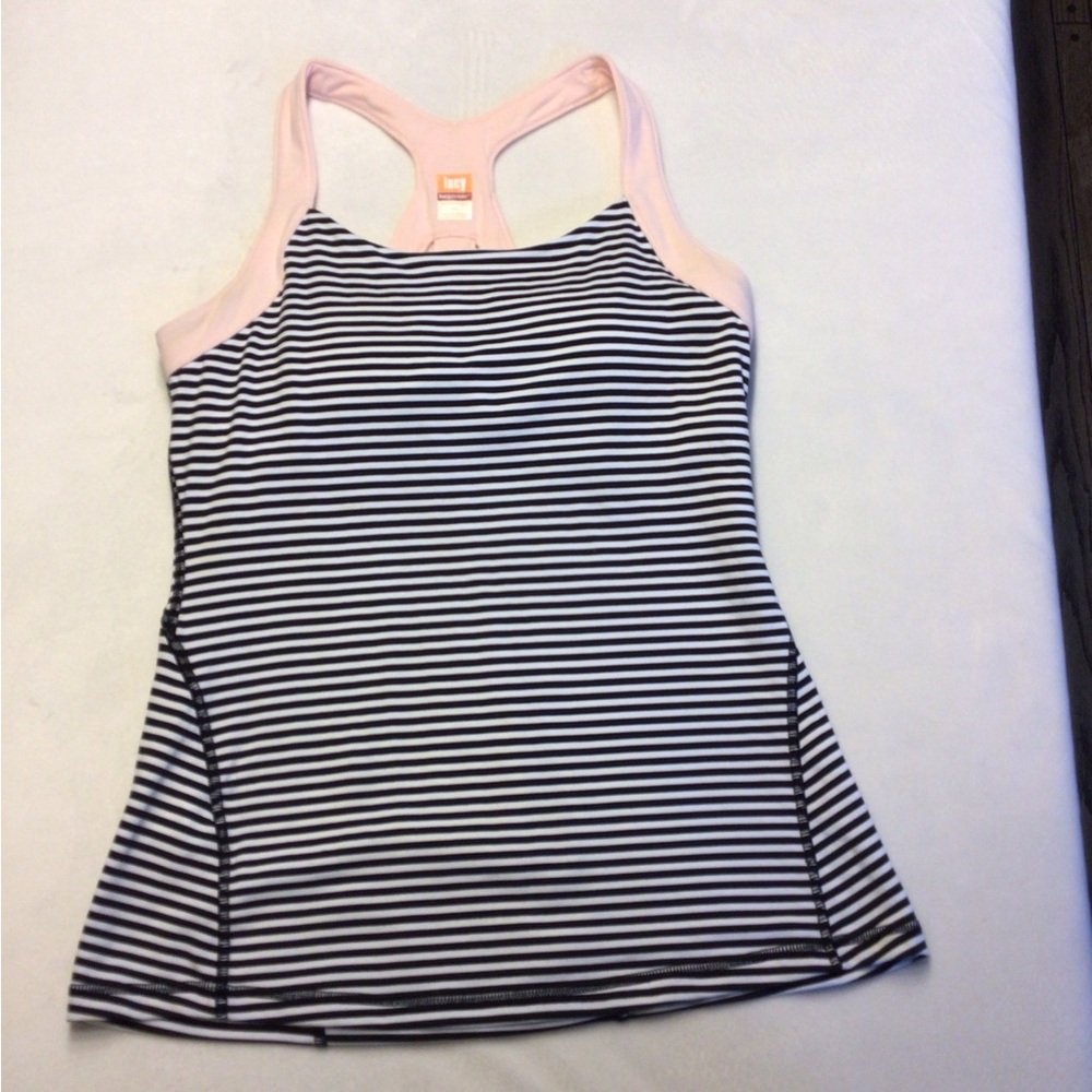 Lucy Black and White Striped Athletic top, Pink Straps, Built-in Bra